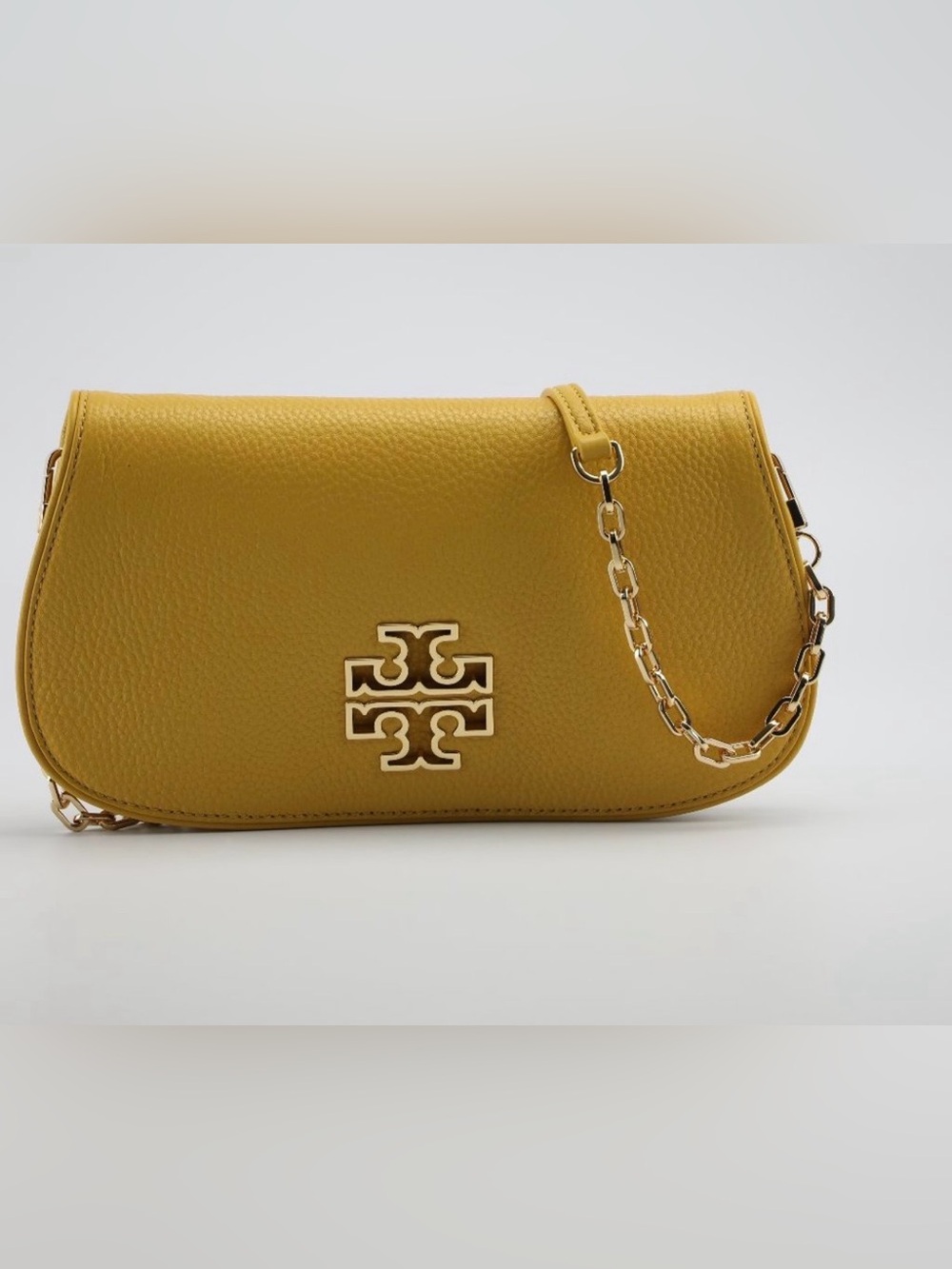 Tory Burch Mustard Leather Crossbody with Gold Logo & Chain